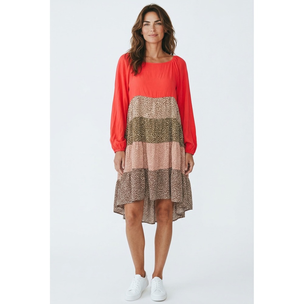 NWT ODDI Women 3XL Coral Leopard Print Tiered High Low Long Sleeve Boho Dress